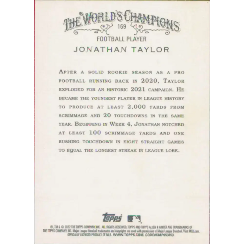 2022 Topps Allen and Ginter #169 Jonathan Taylor NM-MT Baseball Card - Baseball Card Single