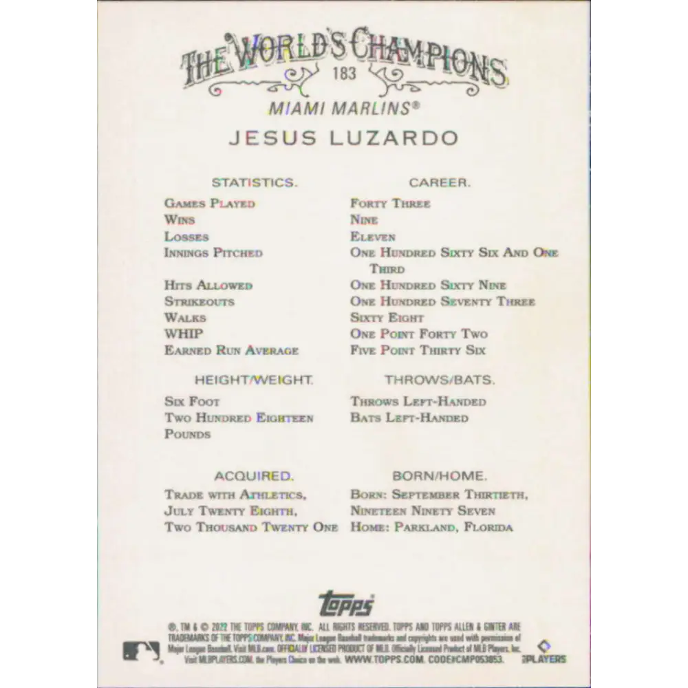 2022 Topps Allen and Ginter #183 Jesus Luzardo NM-MT Miami Marlins Baseball Card  Image 2