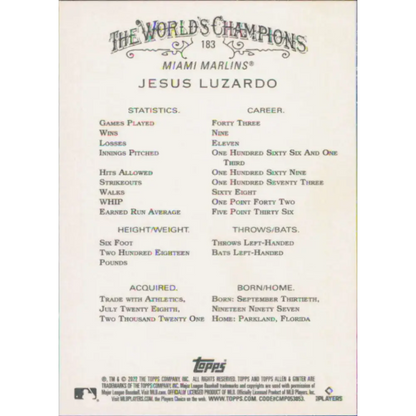 2022 Topps Allen and Ginter #183 Jesus Luzardo NM-MT Miami Marlins Baseball Card  Image 2