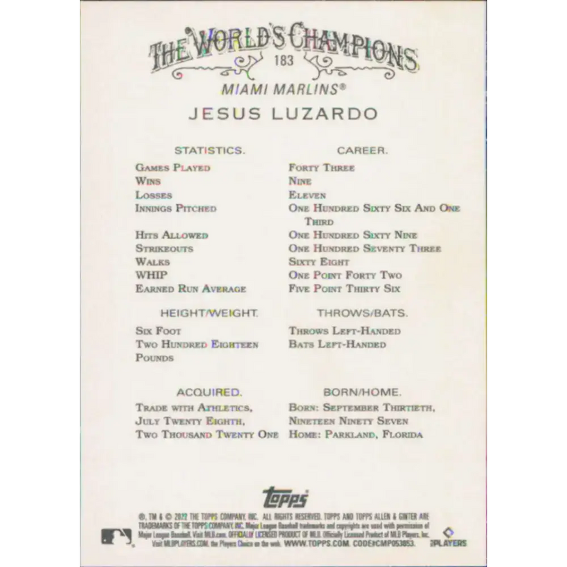 2022 Topps Allen and Ginter #183 Jesus Luzardo NM-MT Miami Marlins Baseball Card - Baseball Card Single