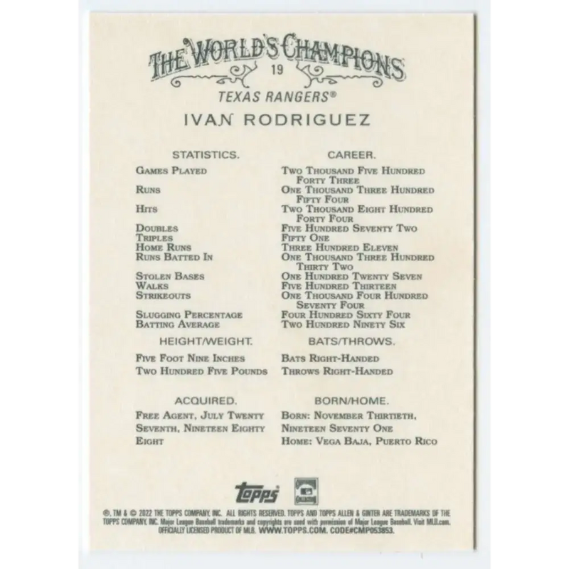 2022 Topps Allen and Ginter #19 Ivan Rodriguez NM-MT Texas Rangers Baseball Card - Baseball Card Single