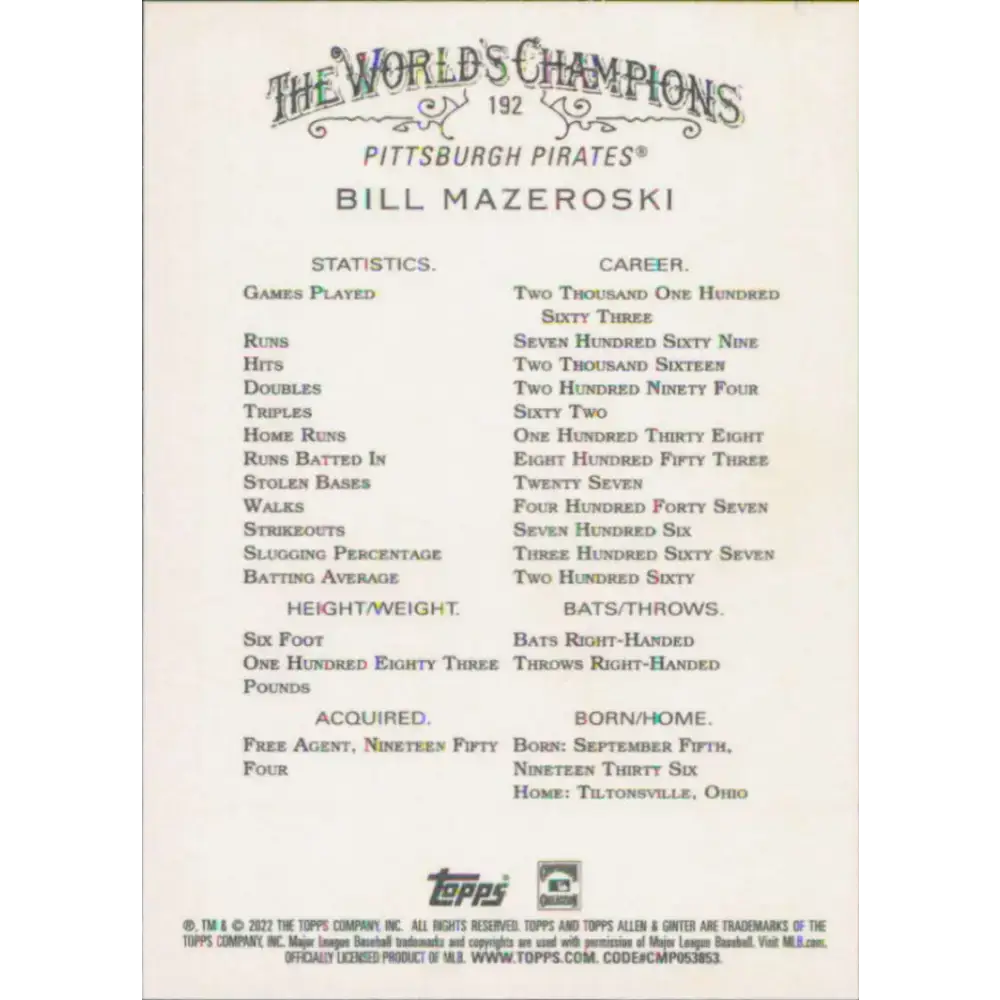2022 Topps Allen and Ginter #192 Bill Mazeroski NM-MT Pittsburgh Pirates Baseball Card - Baseball Card Single
