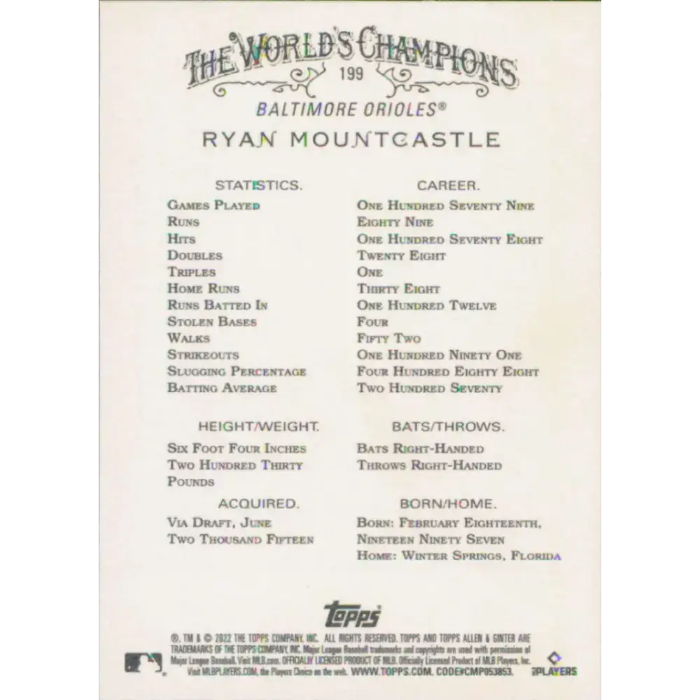 2022 Topps Allen and Ginter #199 Ryan Mountcastle NM-MT Baltimore Orioles Baseball Card - Baseball Card Single