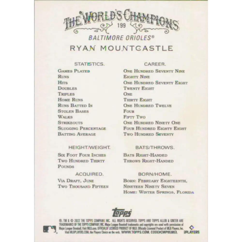 2022 Topps Allen and Ginter #199 Ryan Mountcastle NM-MT Baltimore Orioles Baseball Card  Image 2