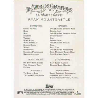 2022 Topps Allen and Ginter #199 Ryan Mountcastle NM-MT Baltimore Orioles Baseball Card  Image 2