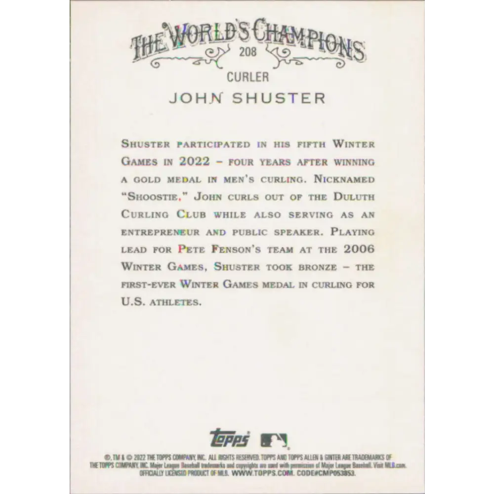 2022 Topps Allen and Ginter #208 John Shuster NM-MT Baseball Card  Image 2