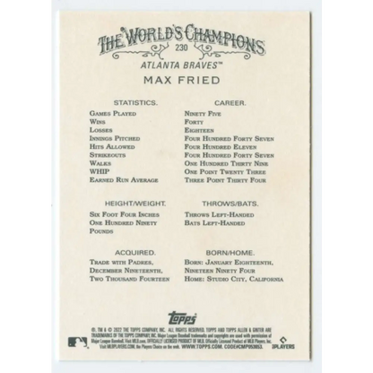 2022 Topps Allen and Ginter #230 Max Fried NM-MT Atlanta Braves Baseball Card  Image 2