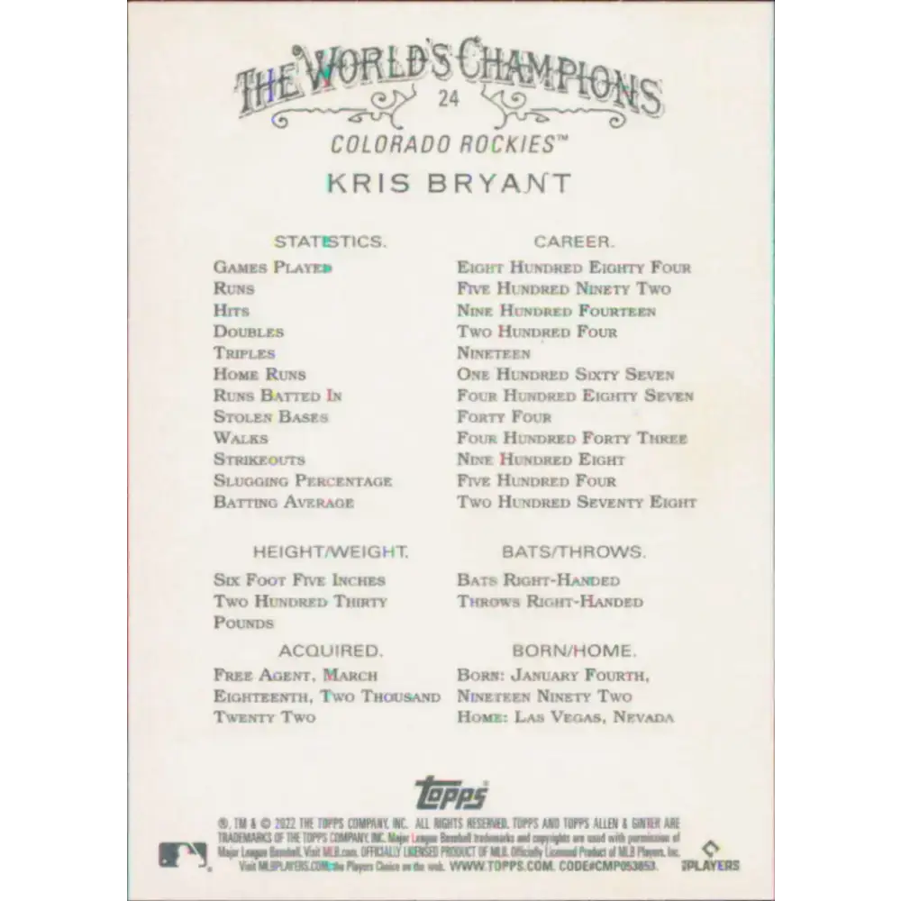 2022 Topps Allen and Ginter #24 Kris Bryant NM-MT Colorado Rockies Baseball Card - Baseball Card Single