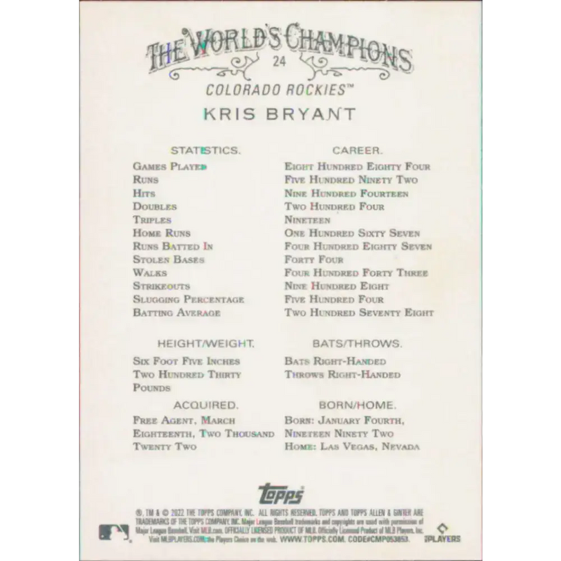 2022 Topps Allen and Ginter #24 Kris Bryant NM-MT Colorado Rockies Baseball Card - Baseball Card Single