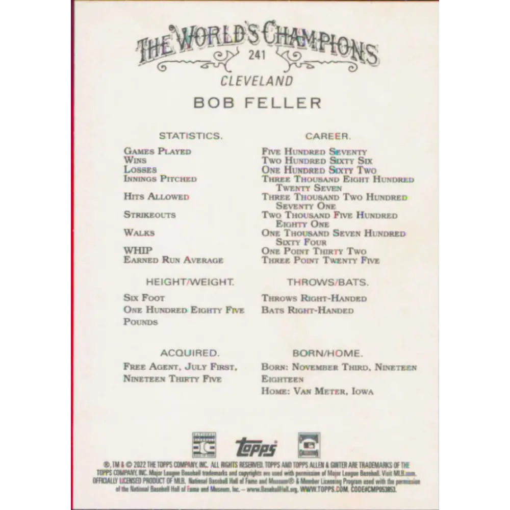 2022 Topps Allen and Ginter #241 Bob Feller NM-MT Cleveland Guardians Baseball Card  Image 2