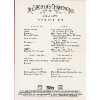 2022 Topps Allen and Ginter #241 Bob Feller NM-MT Cleveland Guardians Baseball Card  Image 2