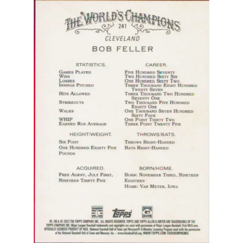 2022 Topps Allen and Ginter #241 Bob Feller NM-MT Cleveland Guardians Baseball Card