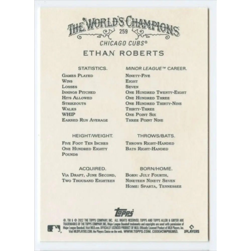 2022 Topps Allen and Ginter #259 Ethan Roberts NM-MT RC Rookie Chicago Cubs Baseball Card  Image 2