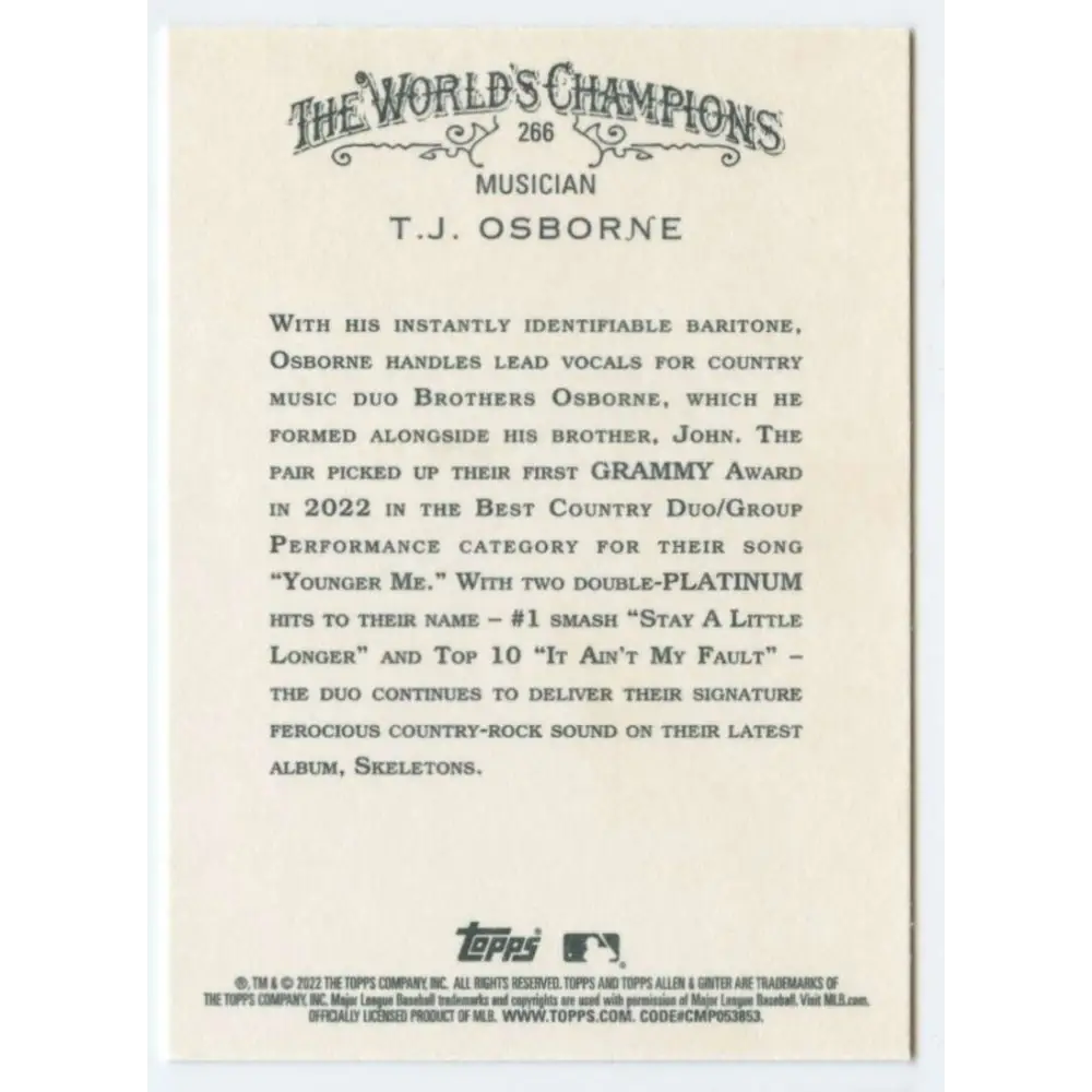 2022 Topps Allen and Ginter #266 T.J. Osborne NM-MT Baseball Card  Image 2