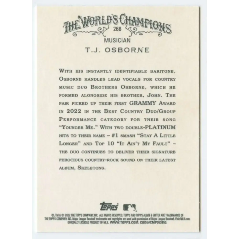 2022 Topps Allen and Ginter #266 T.J. Osborne NM-MT Baseball Card - Baseball Card Single