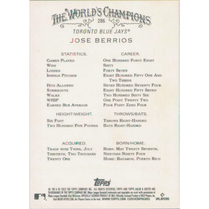 2022 Topps Allen and Ginter #286 Jose Berrios NM-MT Toronto Blue Jays Baseball Card  Image 2
