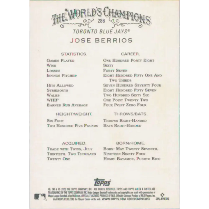 2022 Topps Allen and Ginter #286 Jose Berrios NM-MT Toronto Blue Jays Baseball Card - Baseball Card Single