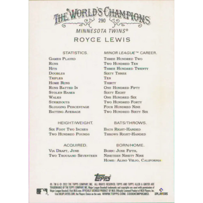 2022 Topps Allen and Ginter #290 Royce Lewis NM-MT RC Rookie Minnesota Twins Baseball Card  Image 2