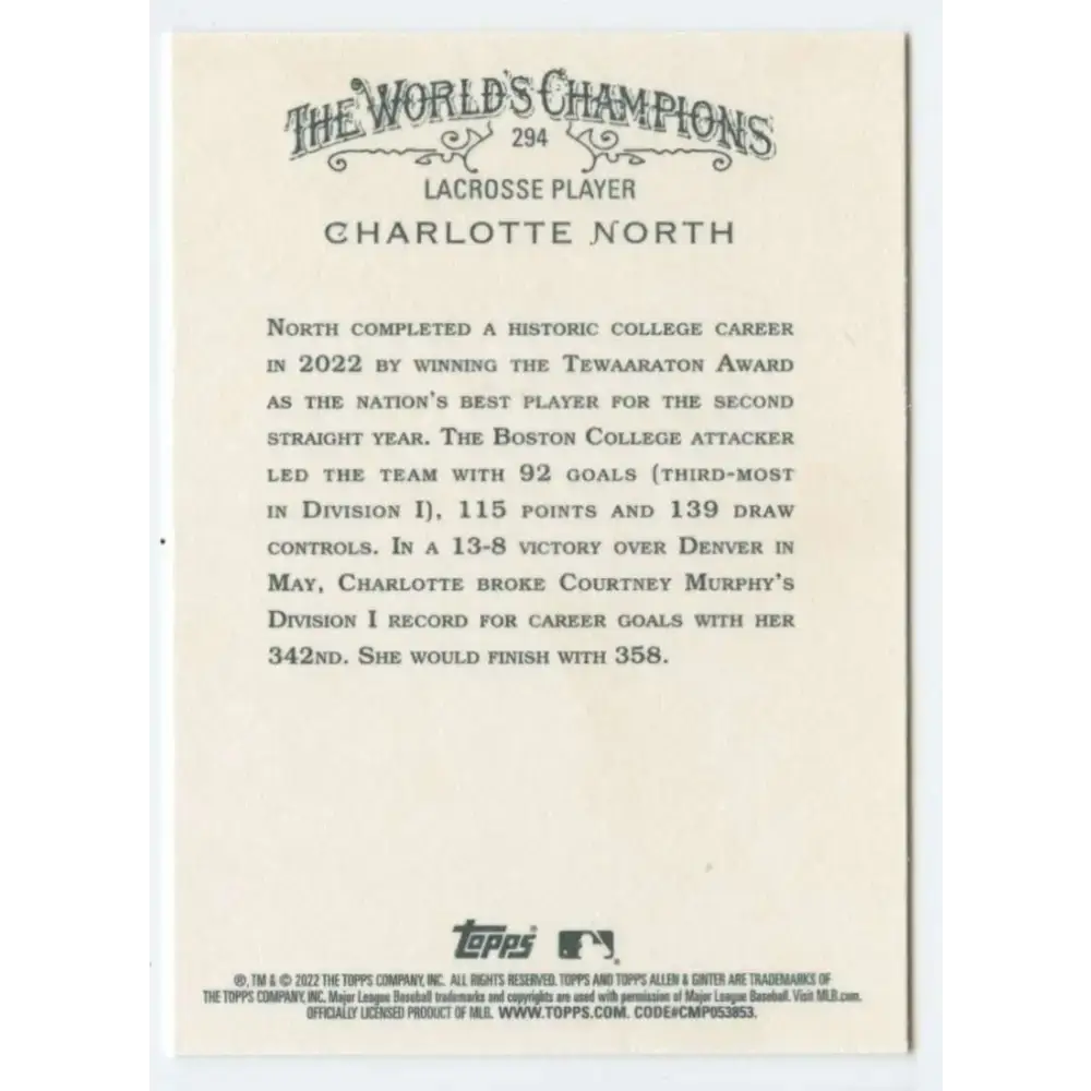 2022 Topps Allen and Ginter #294 Charlotte North NM-MT Baseball Card - Baseball Card Single