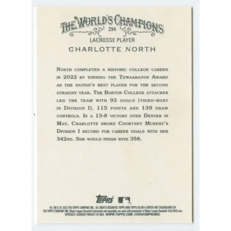 2022 Topps Allen and Ginter #294 Charlotte North NM-MT Baseball Card - Baseball Card Single