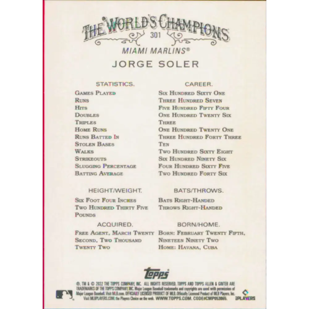 2022 Topps Allen and Ginter #301 Jorge Soler NM-MT Miami Marlins Baseball Card  Image 2