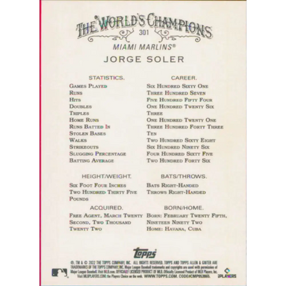 2022 Topps Allen and Ginter #301 Jorge Soler NM-MT Miami Marlins Baseball Card  Image 2