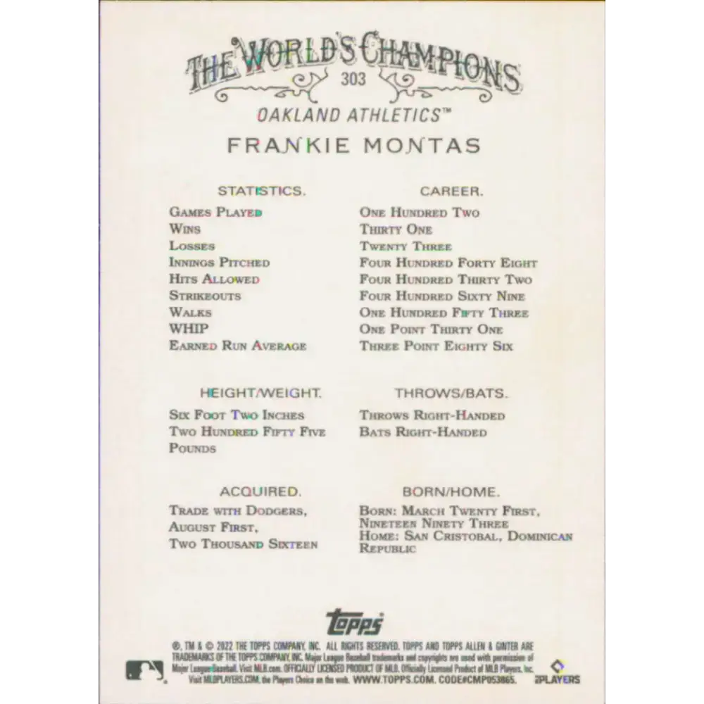 2022 Topps Allen and Ginter #303 Frankie Montas NM-MT Oakland Athletics Baseball Card - Baseball Card Single