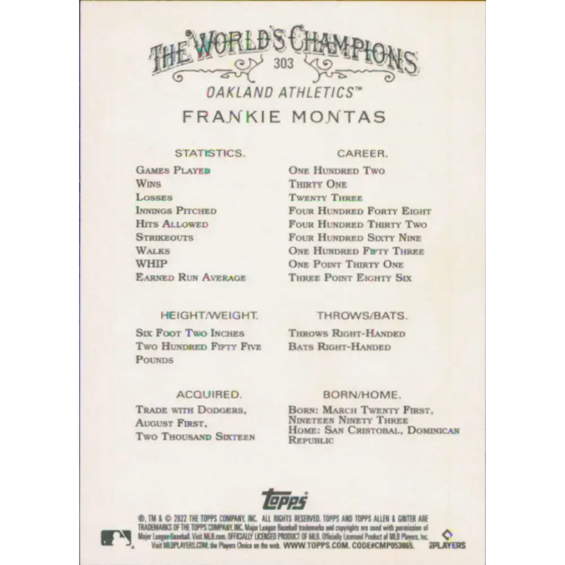 2022 Topps Allen and Ginter #303 Frankie Montas NM-MT Oakland Athletics Baseball Card - Baseball Card Single