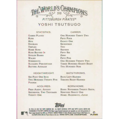 2022 Topps Allen and Ginter #310 Yoshi Tsutsugo NM-MT Pittsburgh Pirates Baseball Card  Image 2