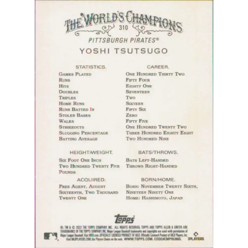 2022 Topps Allen and Ginter #310 Yoshi Tsutsugo NM-MT Pittsburgh Pirates Baseball Card - Baseball Card Single