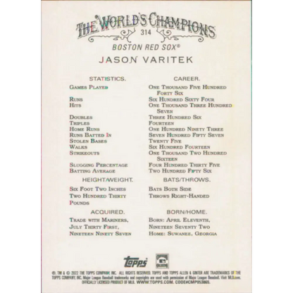2022 Topps Allen and Ginter #314 Jason Varitek NM-MT Boston Red Sox Baseball Card  Image 2