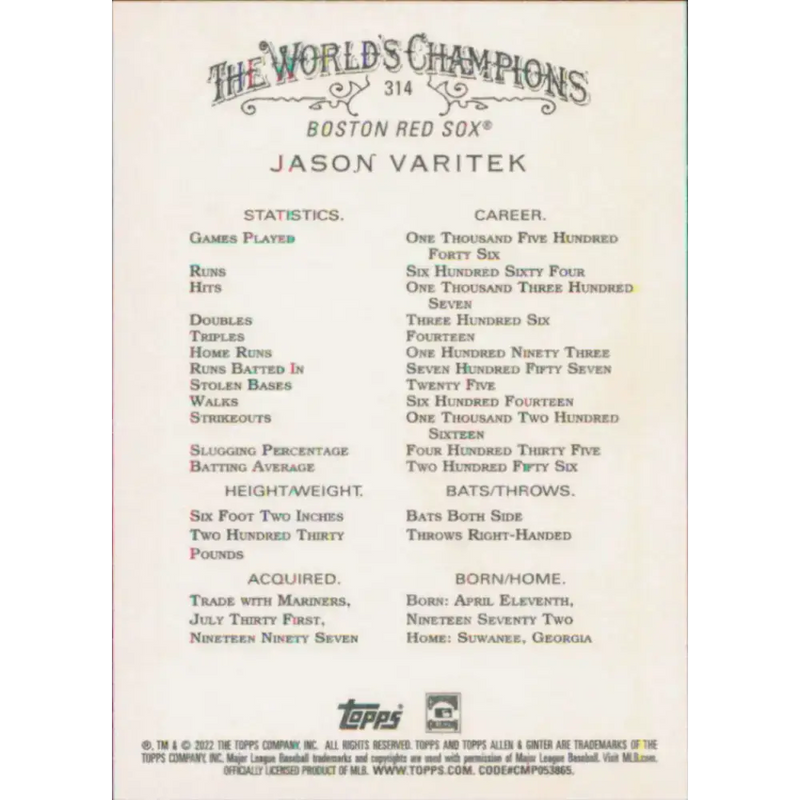 2022 Topps Allen and Ginter #314 Jason Varitek NM-MT Boston Red Sox Baseball Card - Baseball Card Single