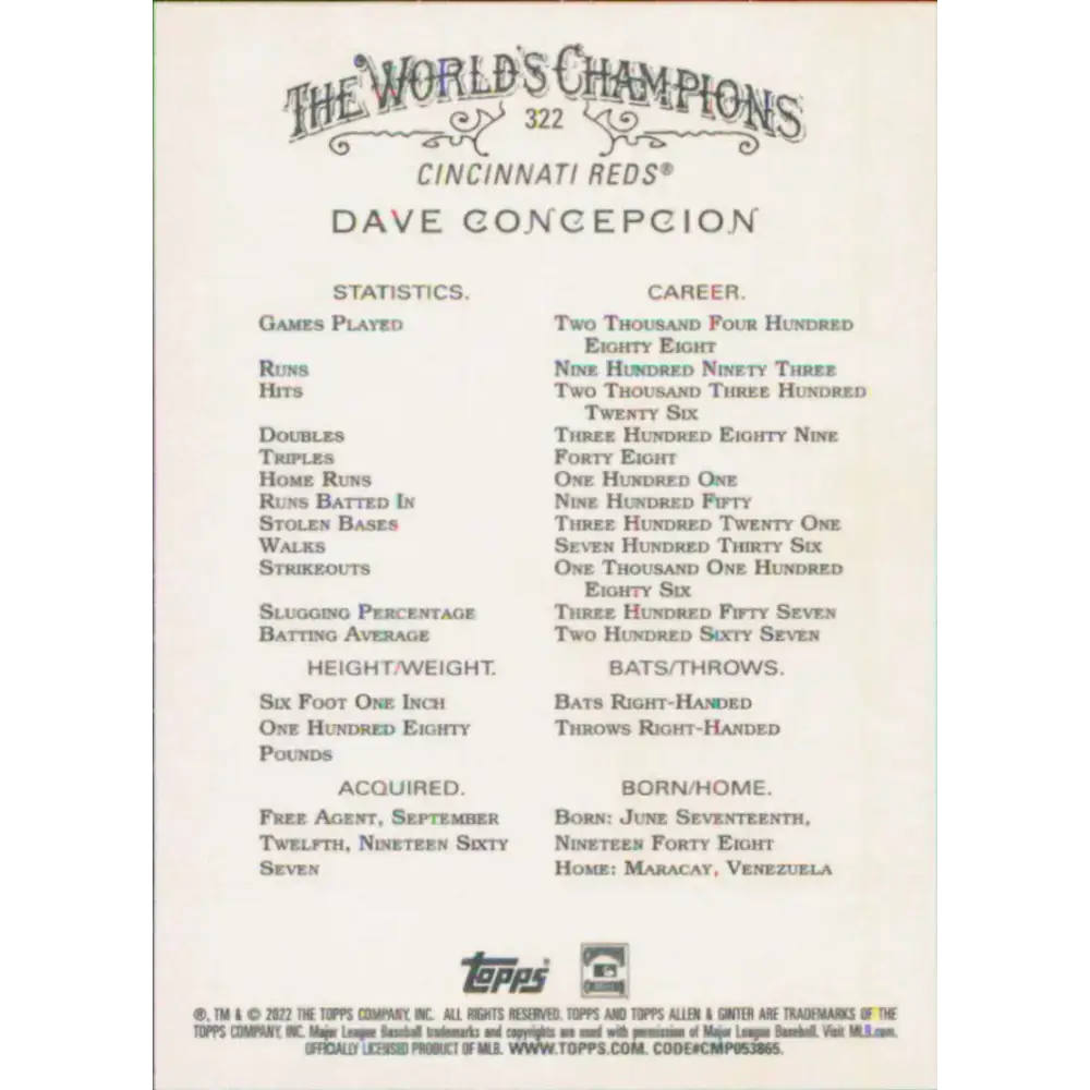 2022 Topps Allen and Ginter #322 Dave Concepcion NM-MT Cincinnati Reds Baseball Card - Baseball Card Single