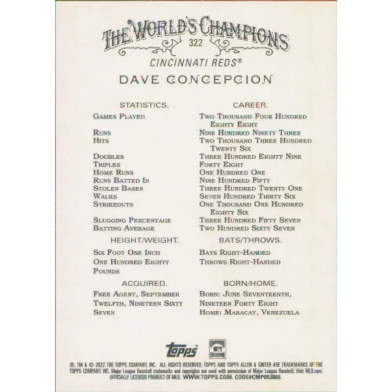 2022 Topps Allen and Ginter #322 Dave Concepcion NM-MT Cincinnati Reds Baseball Card - Baseball Card Single