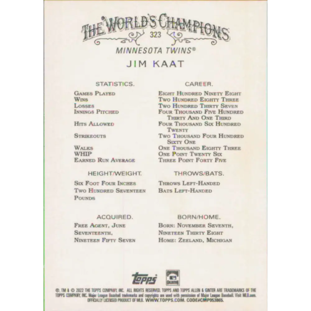 2022 Topps Allen and Ginter #323 Jim Kaat NM-MT Minnesota Twins Baseball Card  Image 2