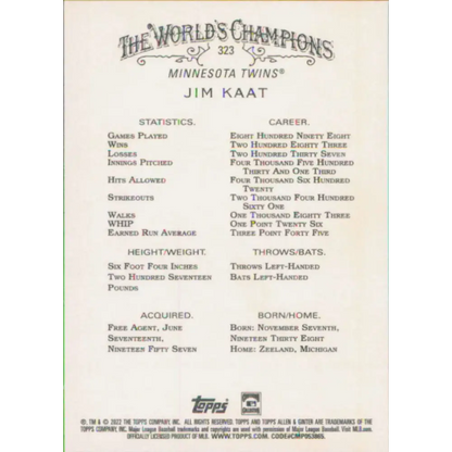 2022 Topps Allen and Ginter #323 Jim Kaat NM-MT Minnesota Twins Baseball Card  Image 2