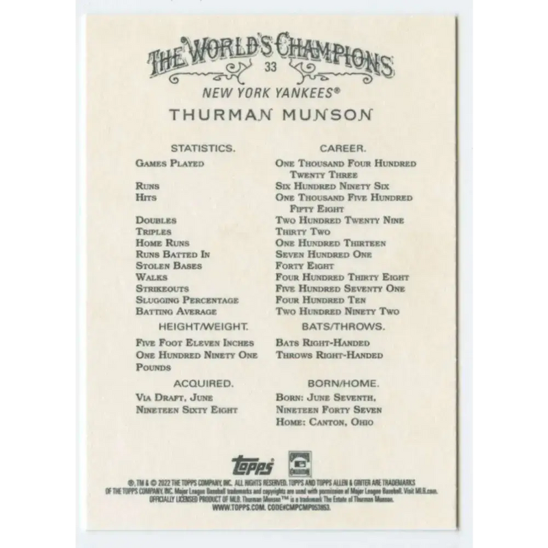 2022 Topps Allen and Ginter #33 Thurman Munson NM-MT New York Yankees Baseball Card - Baseball Card Single