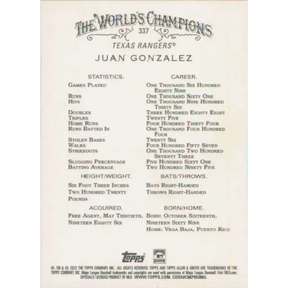 2022 Topps Allen and Ginter #337 Juan Gonzalez NM-MT Texas Rangers Baseball Card - Baseball Card Single