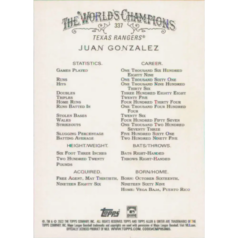 2022 Topps Allen and Ginter #337 Juan Gonzalez NM-MT Texas Rangers Baseball Card - Baseball Card Single