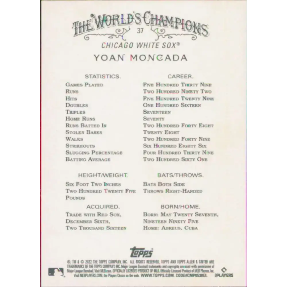 2022 Topps Allen and Ginter #37 Yoan Moncada NM-MT Chicago White Sox Baseball Card - Baseball Card Single