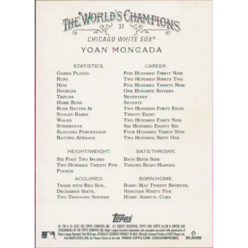 2022 Topps Allen and Ginter #37 Yoan Moncada NM-MT Chicago White Sox Baseball Card - Baseball Card Single