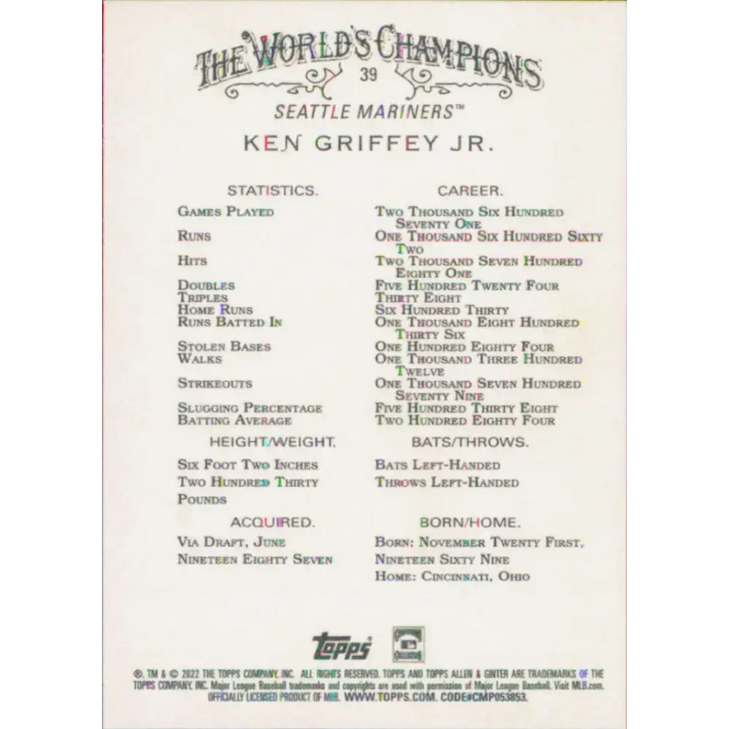 2022 Topps Allen and Ginter #39 Ken Griffey Jr. NM-MT Seattle Mariners Baseball Card