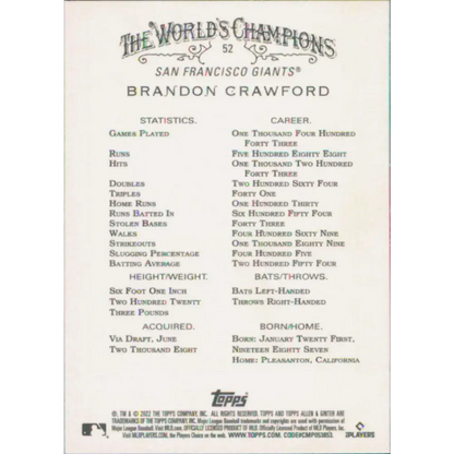 2022 Topps Allen and Ginter #52 Brandon Crawford NM-MT San Francisco Giants Baseball Card  Image 2
