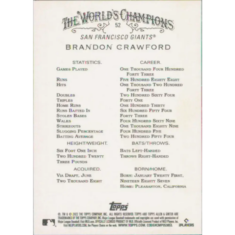 2022 Topps Allen and Ginter #52 Brandon Crawford NM-MT San Francisco Giants Baseball Card - Baseball Card Single