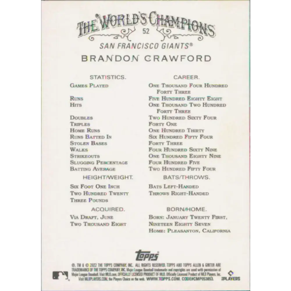 2022 Topps Allen and Ginter #52 Brandon Crawford NM-MT San Francisco Giants Baseball Card - Baseball Card Single