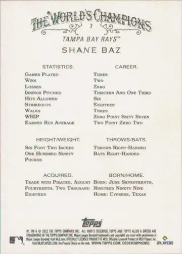 Baseball card back with player statistics for Shane Baz from 2022 Topps Allen and Ginter with original gloss