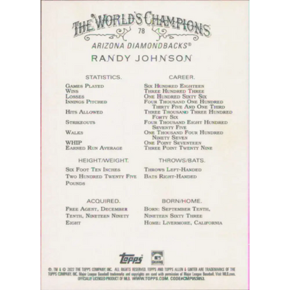 2022 Topps Allen and Ginter #78 Randy Johnson NM-MT Arizona Diamondbacks Baseball Card  Image 2
