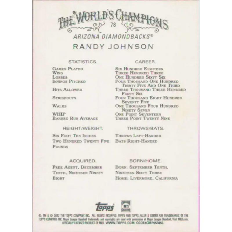 2022 Topps Allen and Ginter #78 Randy Johnson NM-MT Arizona Diamondbacks Baseball Card - Baseball Card Single