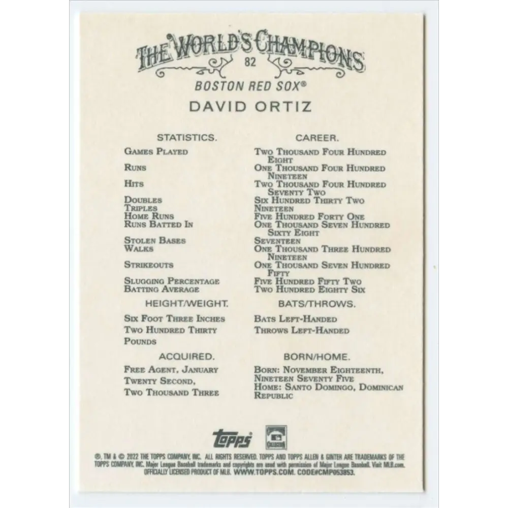 2022 Topps Allen and Ginter #82 David Ortiz NM-MT Boston Red Sox Baseball Card  Image 2