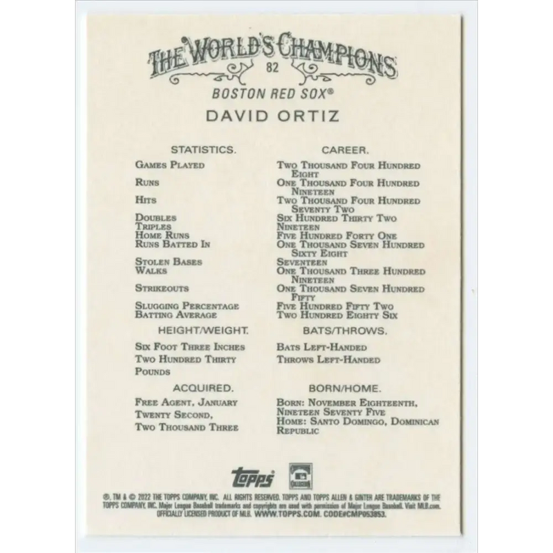 2022 Topps Allen and Ginter #82 David Ortiz NM-MT Boston Red Sox Baseball Card - Baseball Card Single